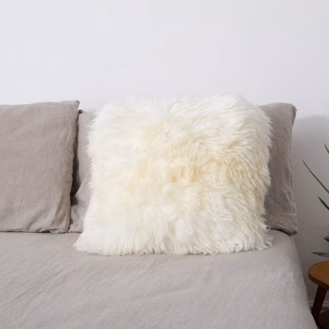 Native Natural Double Sided Square Lambskin Sheepskin Cushion in Beige and White, Diameter: 45 cm