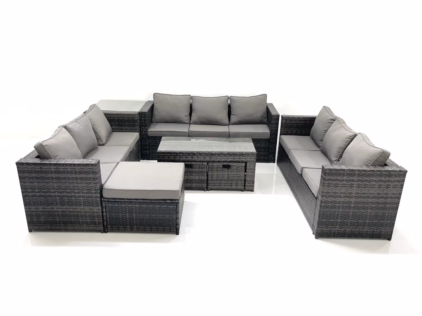 Fimous Rattan Garden Furniture Lounge Set in Dark Grey with 3-Seater Sofa, Rectangular Coffee Table and Ottoman – 2