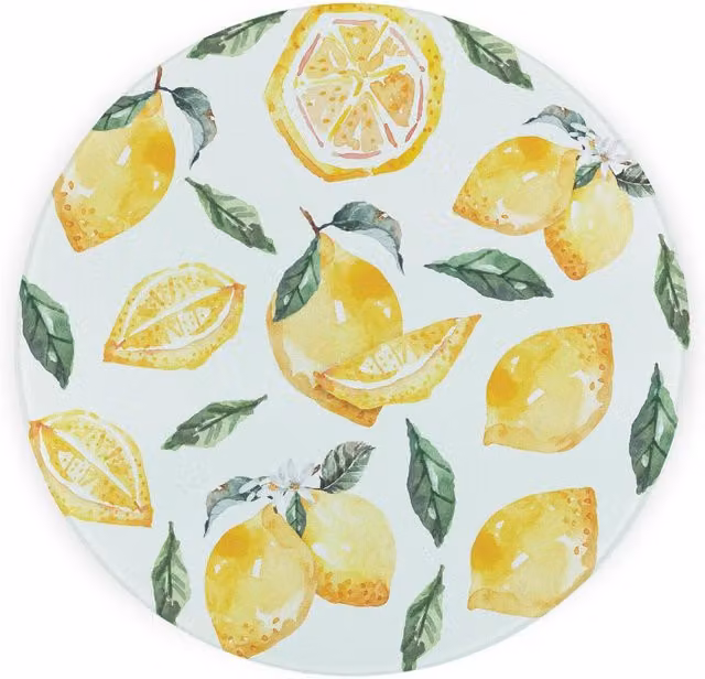 Purely Home Lemons Round Textured Glass Worktop Protector and Chopping Board in Yellow