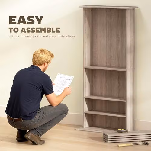 HOMCOM Media Storage Unit with 6 Adjustable Shelves in Brown Sand Wood Finish – 6