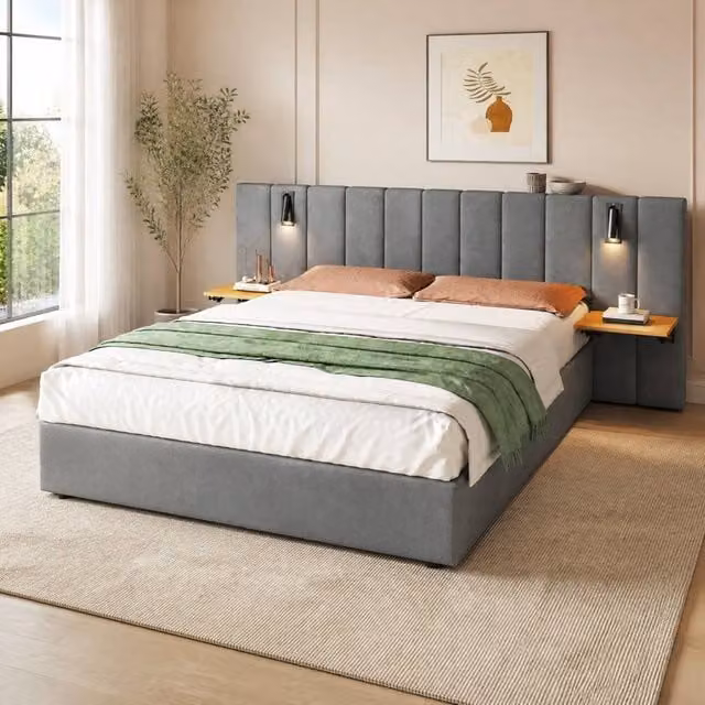 STILVORA Grey Velvet Ottoman Bed with USB Charging Port, Integrated Reading Light and Bedside Shelf, W/D/H: 180 x 200 x 152.4 cm – 1