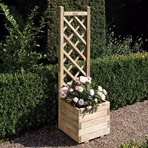 Rowlinson Square Planter and Lattice Trellis in Brown, W: 40 cm, D: 40 cm, H: 140 cm