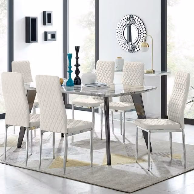 FurnitureboxUK Andria Rectangular Marble Effect Dining Table with 6 Cream Velvet Milan Chairs