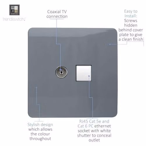 Trendi Switch 2 Gang Combination TV Co-Axial and RJ45 Cat 5e Ethernet Sockets in Warm Grey – 2