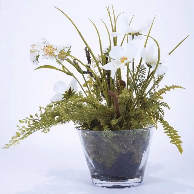 Bloom Artificial Cosmos and Fern Floral Arrangement in a White and Green Glass Vase