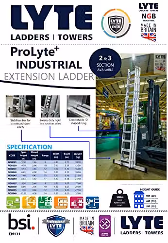 Lyte Pro+ EN131-2 Professional Industrial 3 Section Extension Ladder, 3x12 Rung, Silver – 1