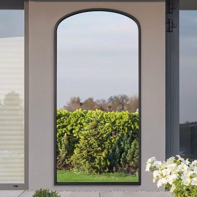 MirrorOutlet Angustus Modern Arched Metal Garden Wall Mirror in Black, Height: 170 cm