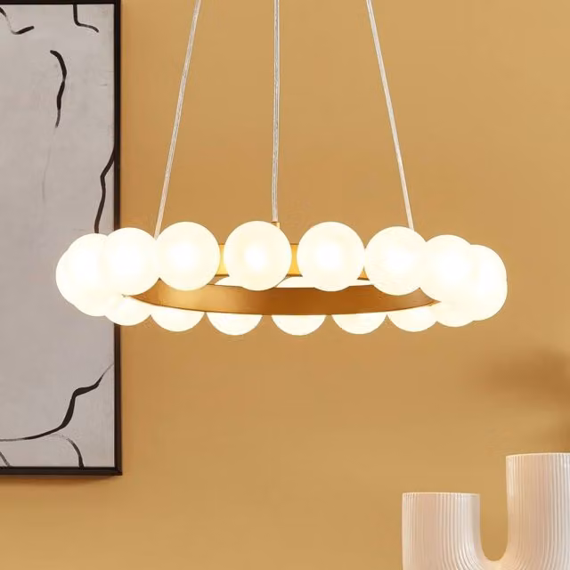 Wyld and Coco Gold and Brass 18 Light Suspended Pendant Lamp with Glass Shade and Adjustable Height