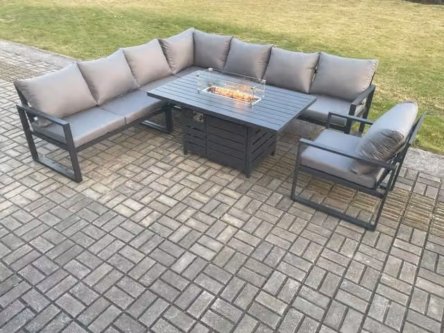 Fimous 7 Piece Aluminium Garden Furniture Set with Corner Sofa, Cushions, Gas Fire Pit Dining Table and Chair in Dark Grey