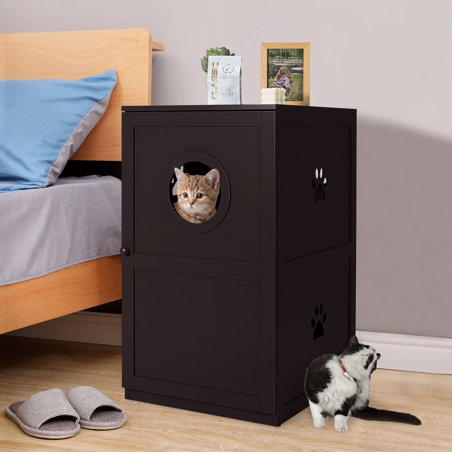 Costway 2-Tier Cat House and Litter Box Enclosure with Side Storage Cabinet, Brown – 3