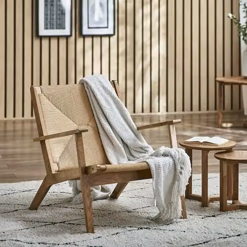 Julian Bowen Icaria Lounge Chair in Oak and Brown Rattan with Fabric, W/D/H: 74 x 70 x 76 cm – 1
