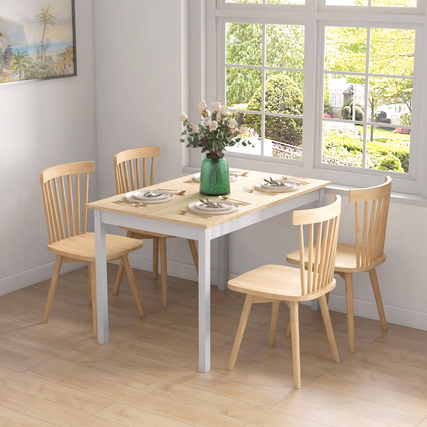 HOMCOM Natural and White Farmhouse Dining Table with Pine Wood Frame, W/D/H: 120 x 75 x 75 cm – 2