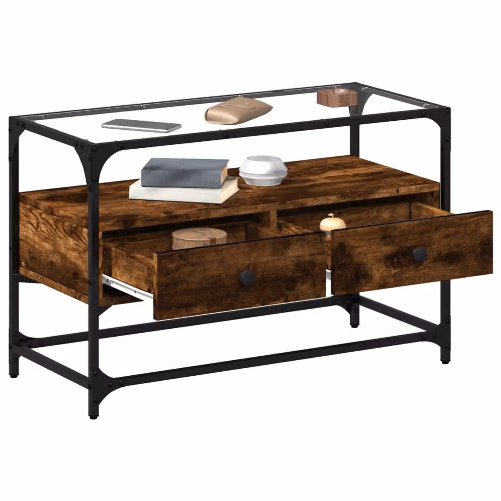 Berkfield Home TV Cabinet with Glass Top in Smoked Oak Brown, W/D/H: 80 x 35 x 51 cm – 2