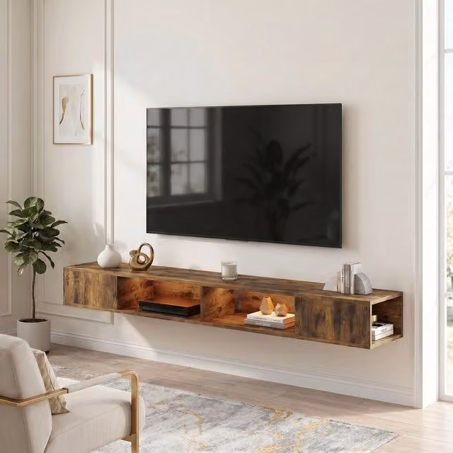 HOMCOM Modern Rustic Brown TV Stand with RGB LED Lights for up to 75-Inch TVs