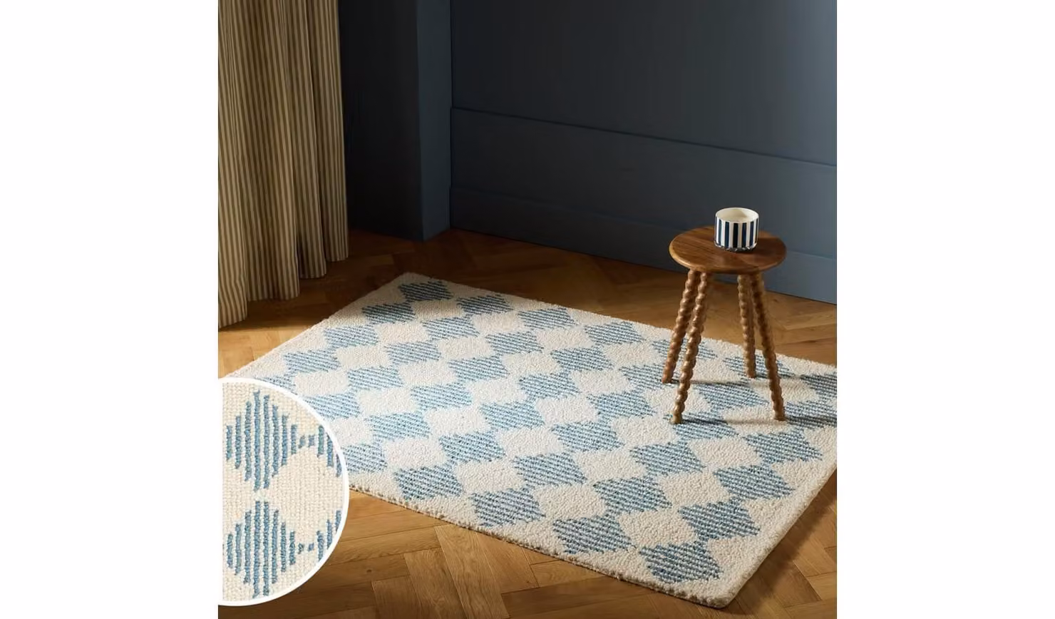 Blue Diamond Hand Tufted Wool and Cotton Rectangular Rug in Blue and Beige, W: 160 cm, L: 230 cm