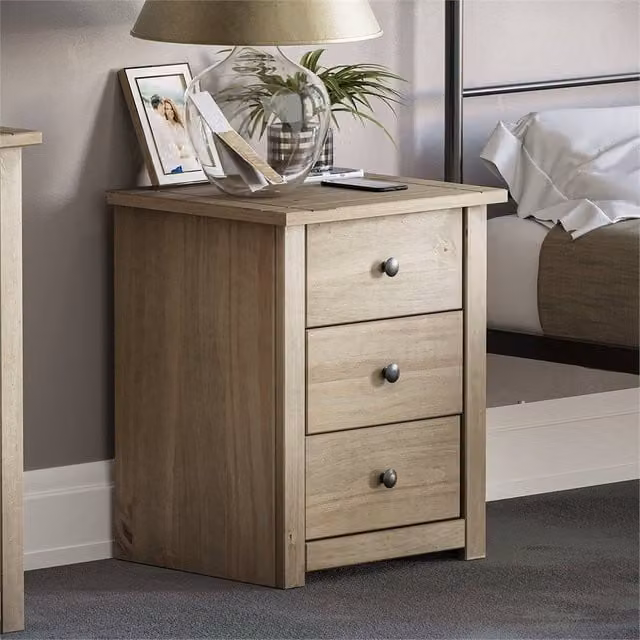 FORGEVIO 3 Drawer Bedside Cabinet in Brown and Black Waxed Pine Wood – 1