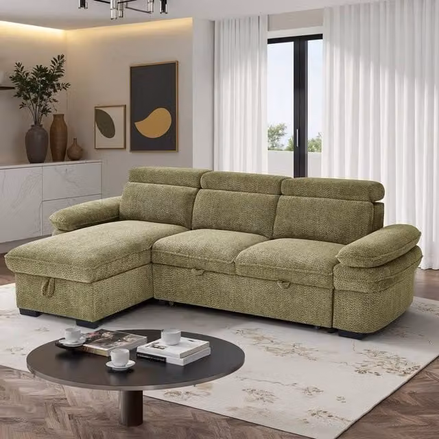 Furnishings For Less UK Blake Reversible L-Shape 4 Seater Fabric Corner Sofa Bed in Green with Adjustable Headrests and Pull Out Frame W: 262 cm, D: 166 cm, H: 84 cm
