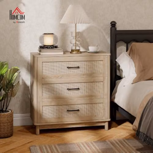 HOMCOM Bohemian Rattan 3 Drawer Chest of Drawers in Oak Brown – 2