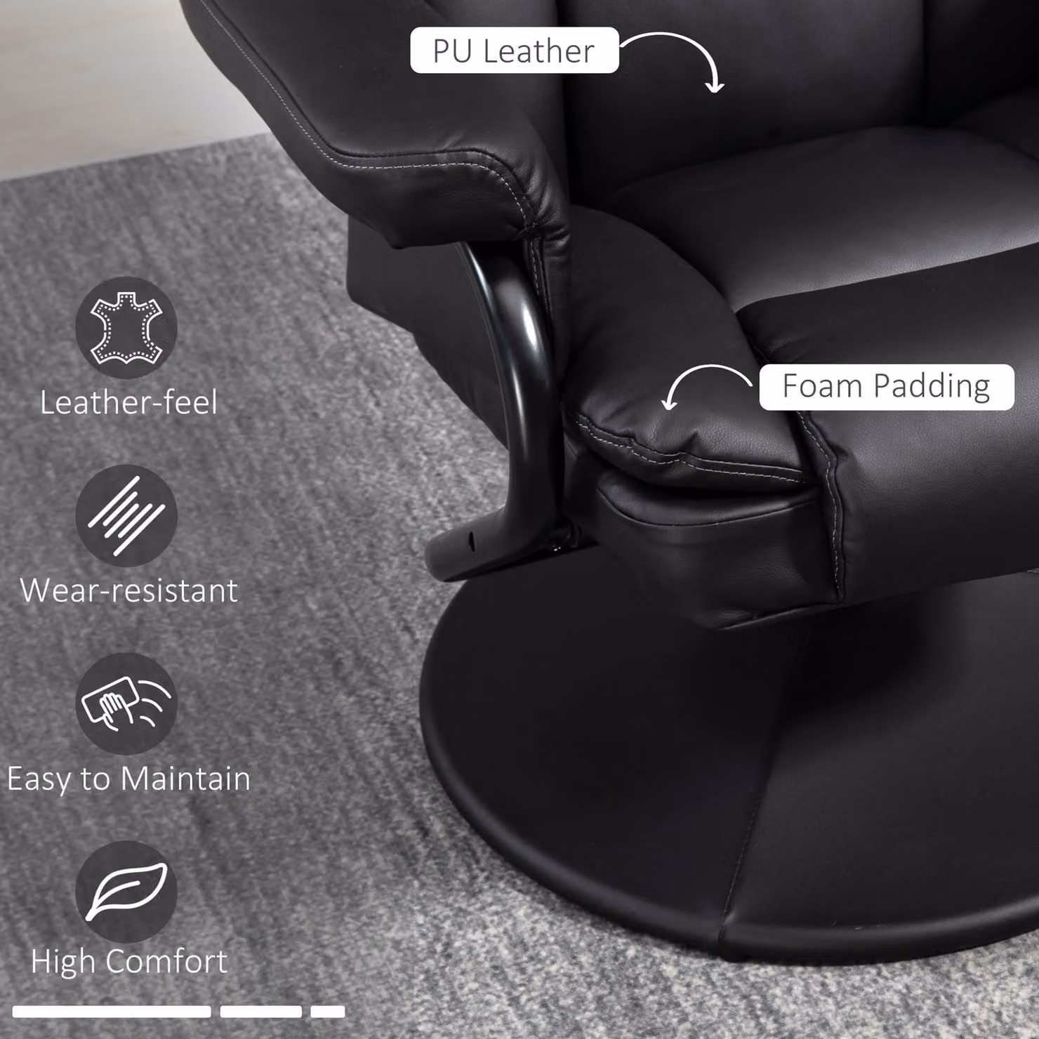 HOMCOM Black PU Leather Swivel Recliner Chair with Ottoman and Steel Base – 5
