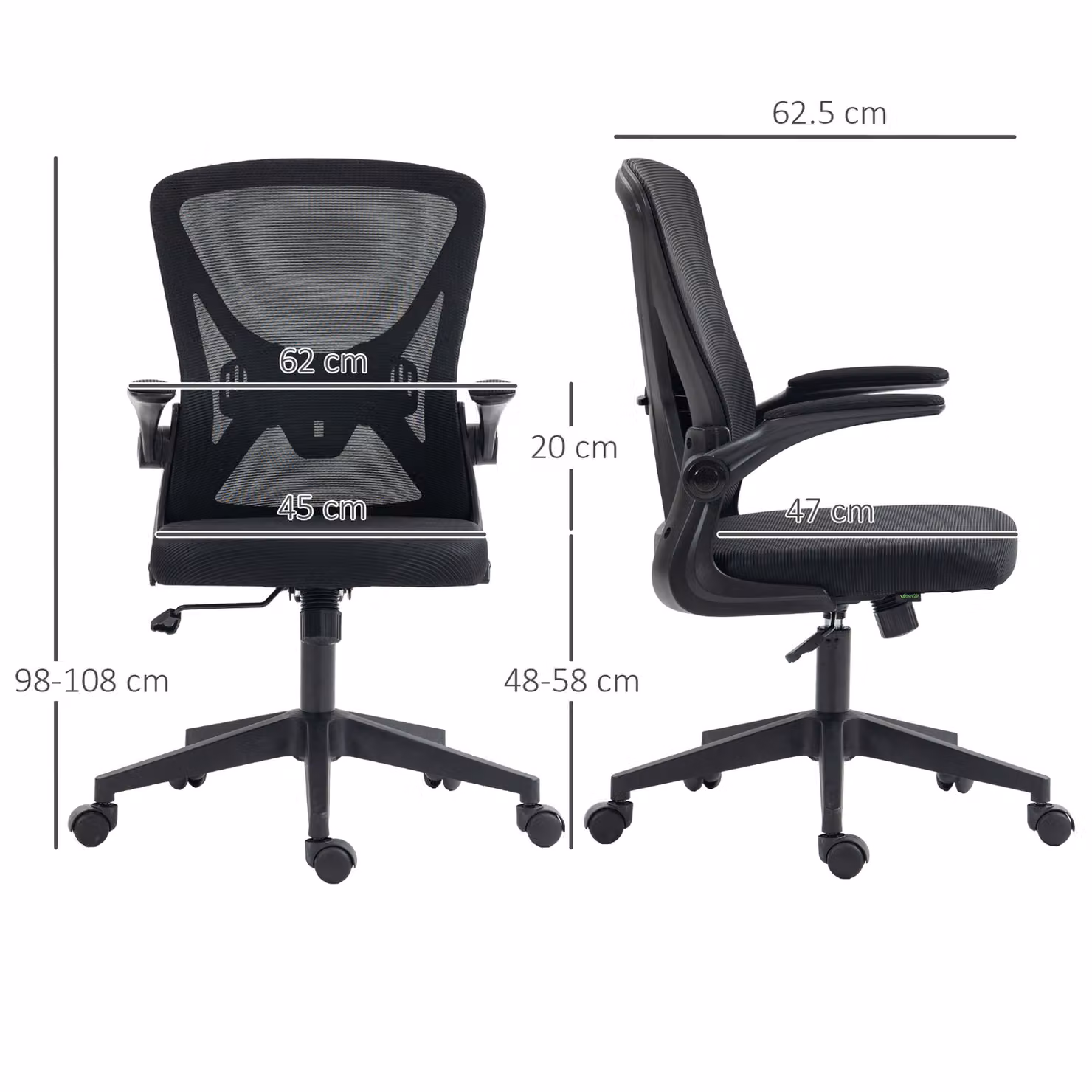 Vinsetto Ergonomic Mesh Office Chair with Flip-up Armrests and Lumbar Support in Black – 3