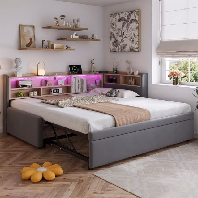 Aosom UK Grey Upholstered Velvet Daybed with Pull-Out Trundle and USB Charging Port, W/D/H: 105 x 201 x 85 cm