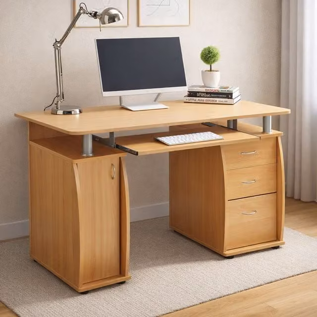 RayGar Beech Deluxe Design Computer Desk with Cabinet and 3 Drawers in Brown, W/D/H: 120 x 55 x 74 cm – 4