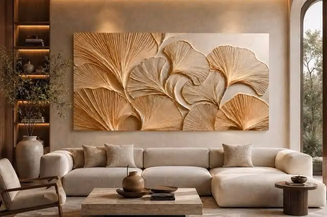 Mafett Whispers of Ginkgo Wall Art Canvas Print in Beige and Gold, W: 200 cm, H: 100 cm