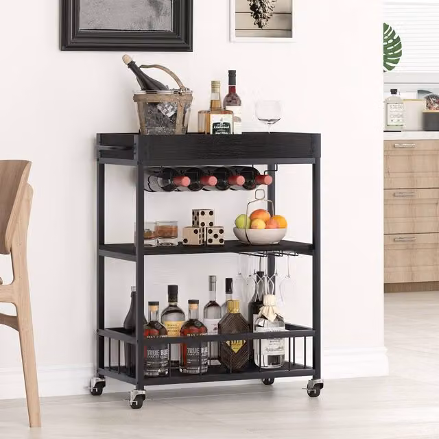 Huhote 3-Tier Bar Cart with Wine Rack and Handle Serving Trolley, Black