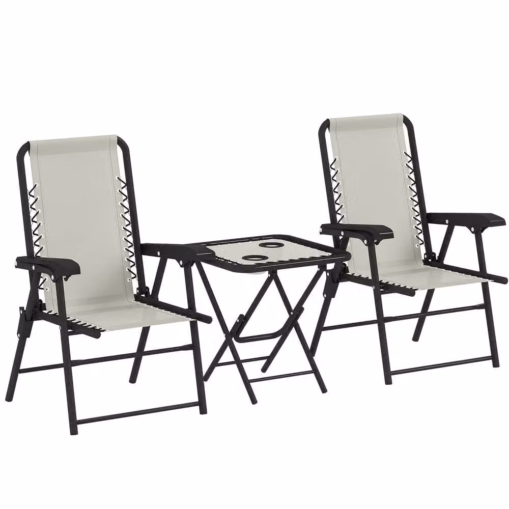 OUTSUNNY 3 Piece Folding Garden Bistro Set with Cup Holders in Cream White – 2