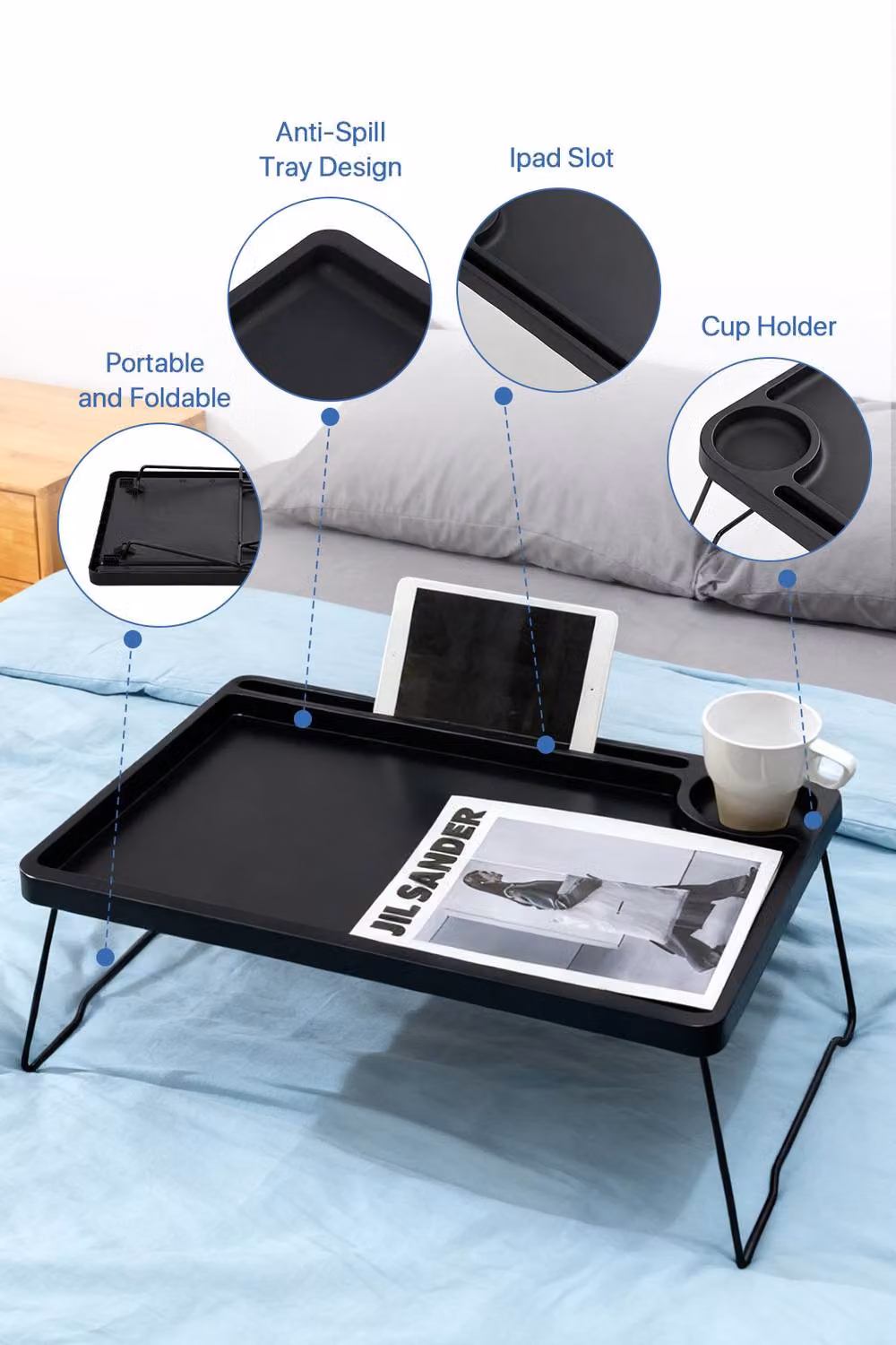 Living and Home Folding Laptop Bed Table with Tablet Groove and Cup Slot in Black – 4