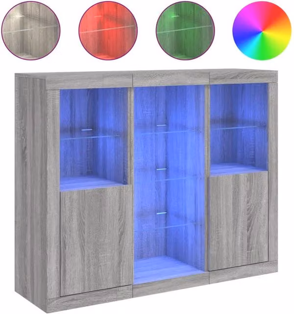 Berkfield Home Set of 3 Modern Grey Sonoma Sideboards with Integrated LED Lighting and Matt MDF Finish – 1