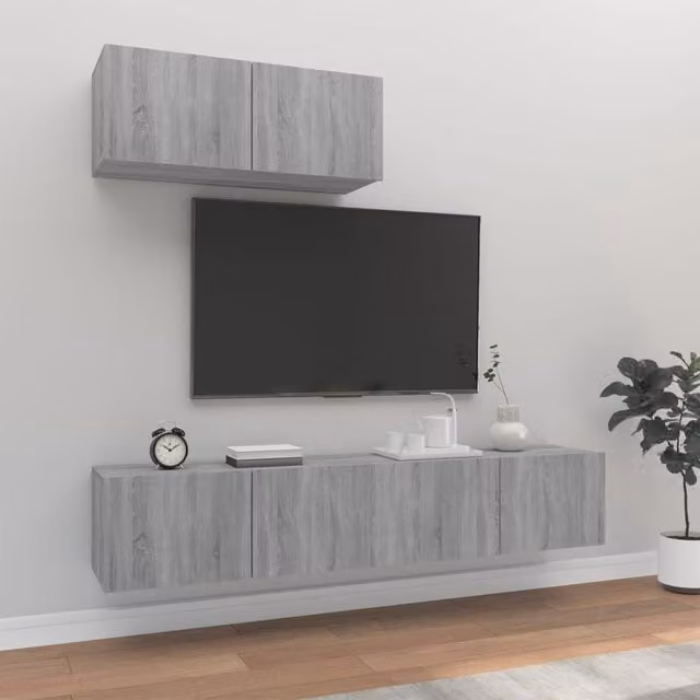 Berkfield Home 3 Piece Grey Wall Mounted TV Cabinet Set with Hinged Doors and Internal Shelves