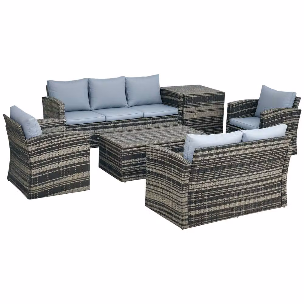 Wyld Haus Vaveyo 7 Seater Grey Rattan and Steel Outdoor Sofa Set with Storage Table – 2