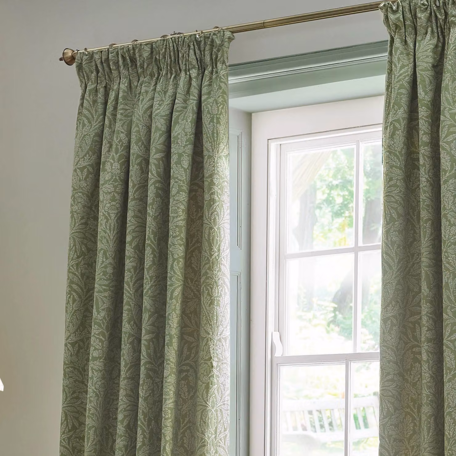 Morris & Co. Acorn Tonal Matt Jacquard Pencil Pleat Curtains in Green, Width: 229 cm, Drop: 229 cm – 3