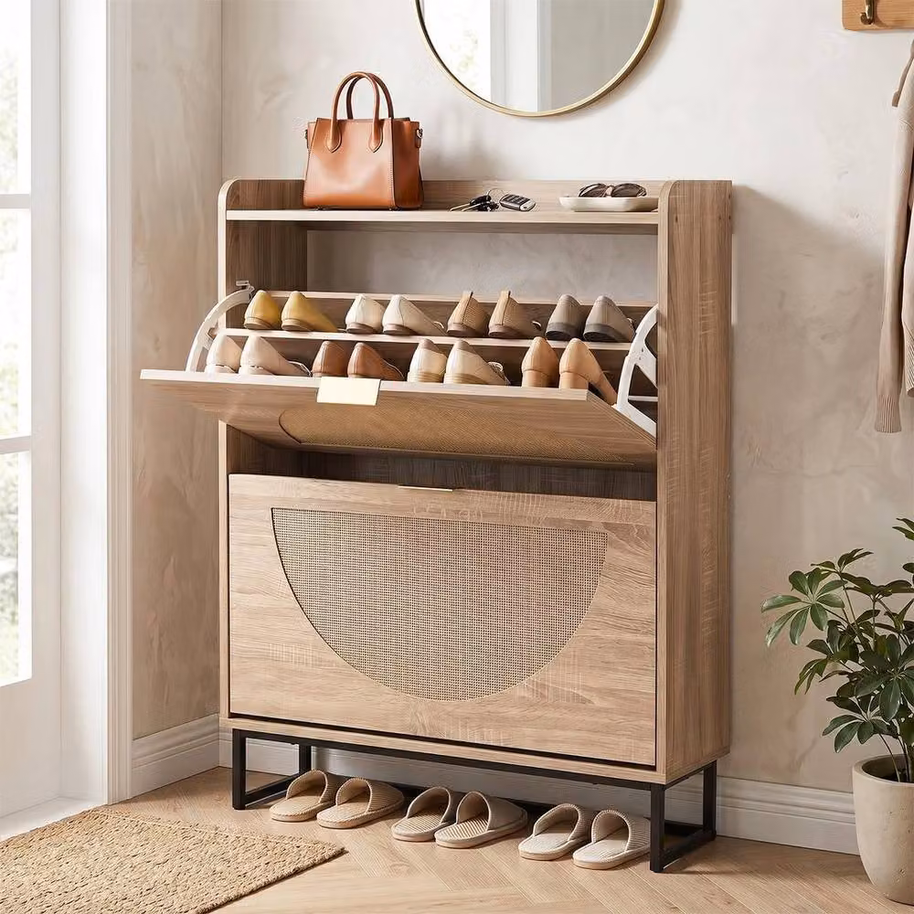KORVIXA Slimline Entryway Shoe Rack Cabinet in Brown with Natural Faux Rattan, W: 100 cm, D: 24 cm, H: 24 cm – 2