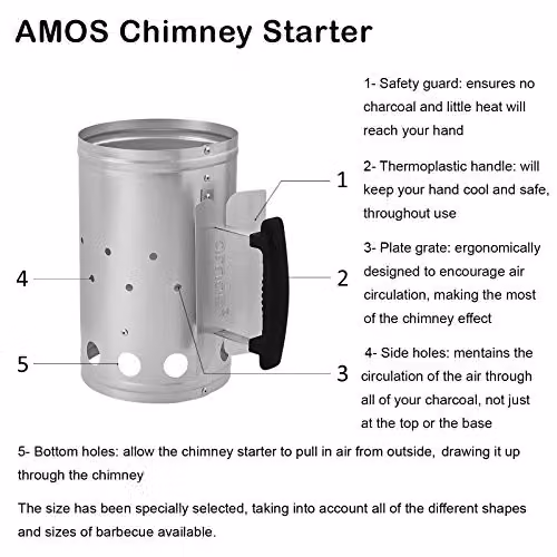 AMOS Silver Galvanised Steel Barbecue Charcoal Chimney Starter with Thermoplastic Handle for Lumpwood and Briquettes – 3