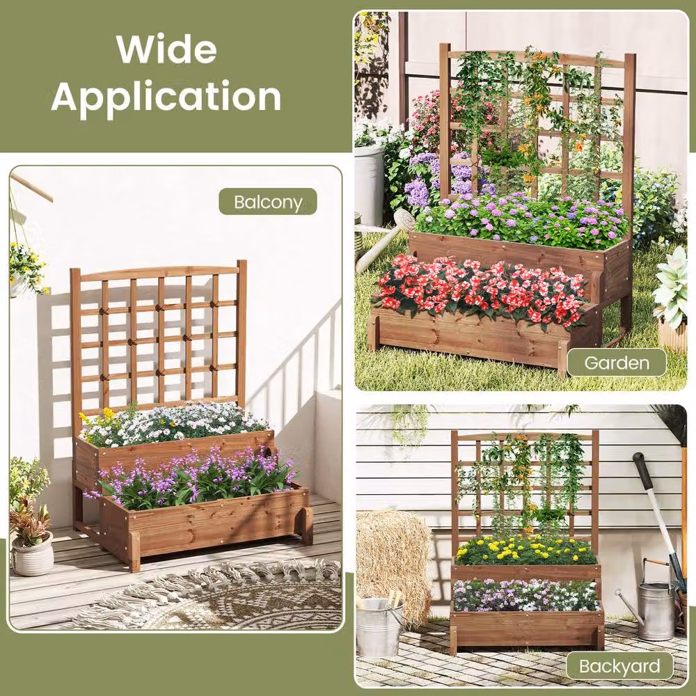 Costway 2-Tier Wooden Raised Garden Bed with Lattice Trellis in Brown, W/D/H: 121 x 67 x 67 cm – 6