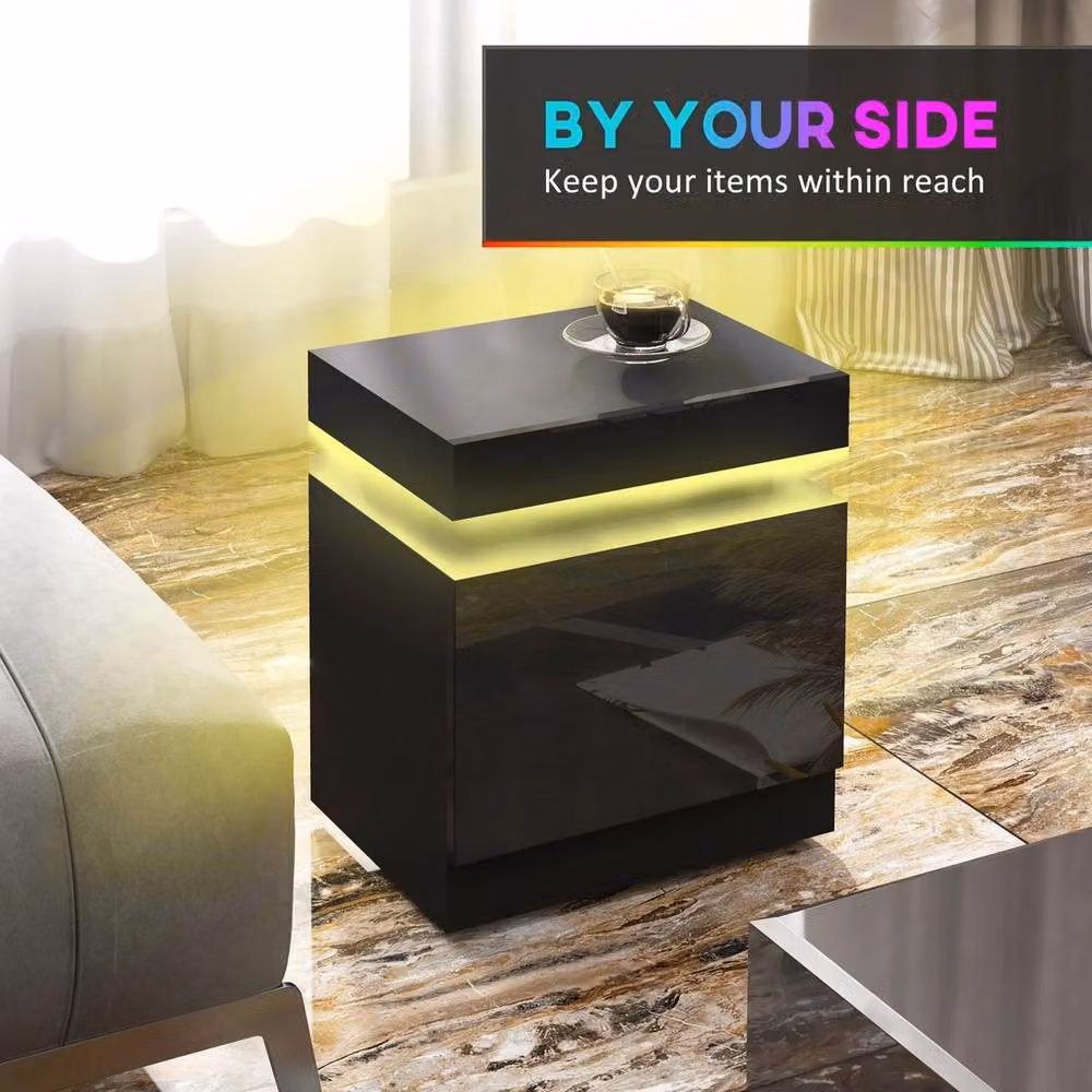 NESTLUNE High Gloss Bedside Table with Integrated LED Light and 2 Drawers in Black – 6