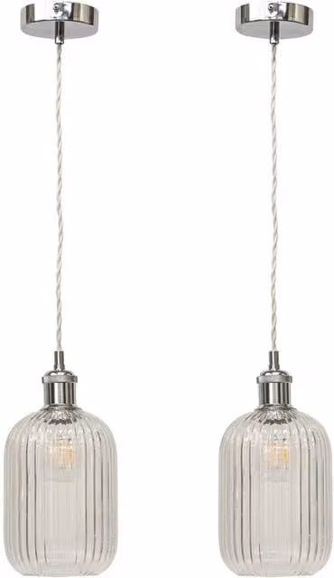 First Choice Lighting Batley Set of 2 Retro Pendant Fittings with Transparent Ribbed Glass and Chrome Finish