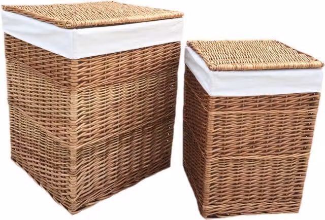 Red Hamper Set of 2 White Wicker Square Laundry Baskets with Cotton Linings and Handles