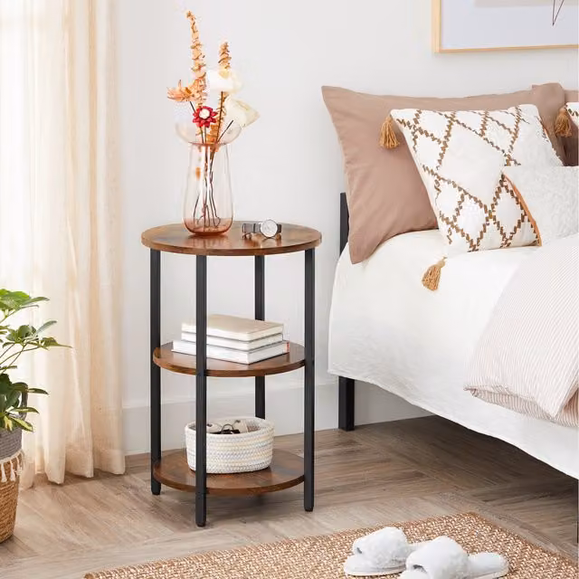 VASAGLE 3-Tier Round Industrial Coffee End Table with Metal Frame, Bronze and Brown, W/D/H: 40 x 40 x 55 cm