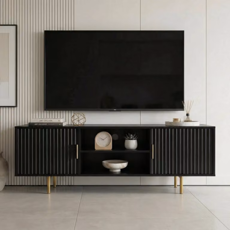 DHS Flutrina Modern Black Lacquered TV Unit Cabinet W: 180 cm, D: 40 cm, H: 55 cm