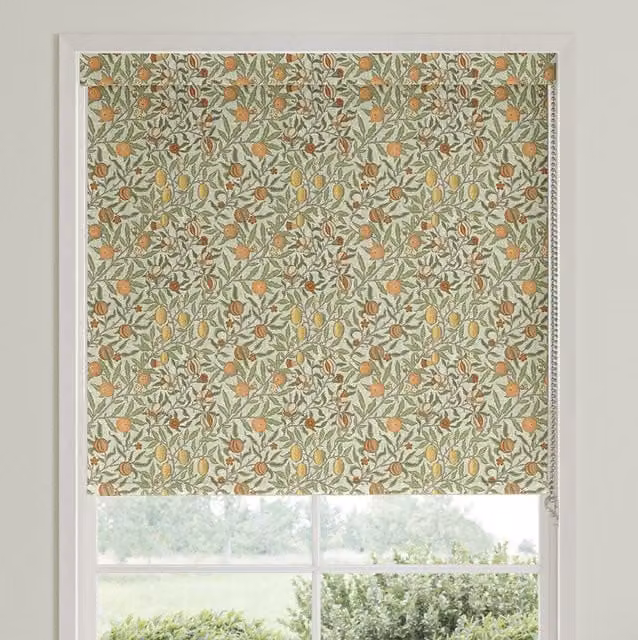 William Morris Fruit Blackout Made To Measure Roller Blind in Lichen Green and Yellow Floral Pattern