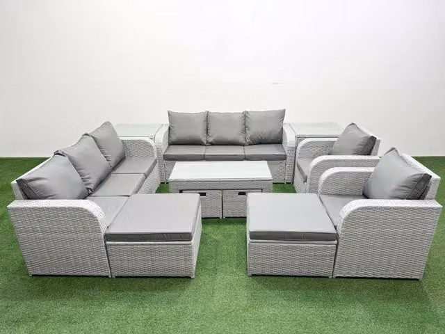 Fimous PE Wicker Rattan Garden Furniture Sofa Set with Oblong Coffee Table in Light Grey