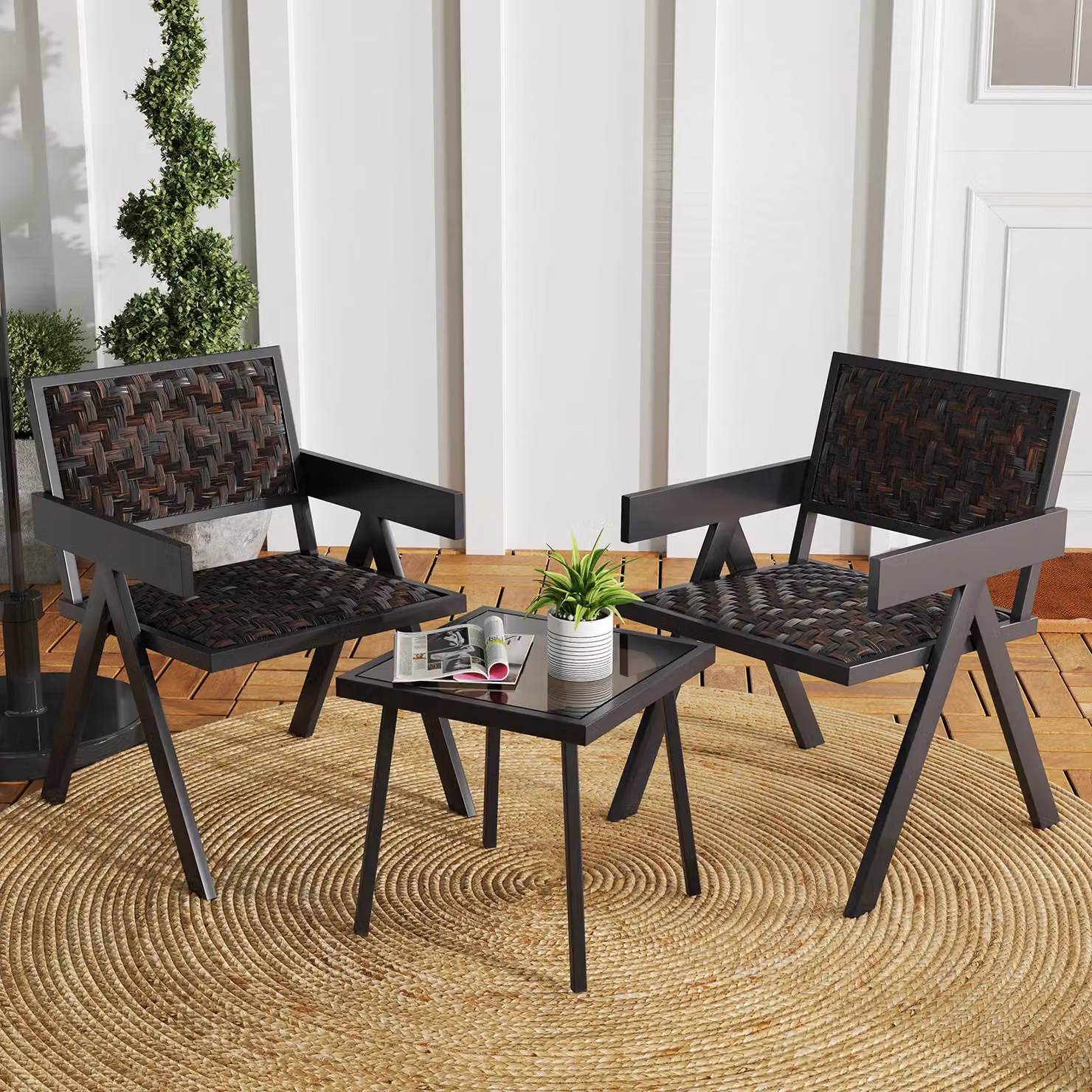Gymax 3 Piece Brown PE Wicker Bistro Set with Table and Chairs – 6