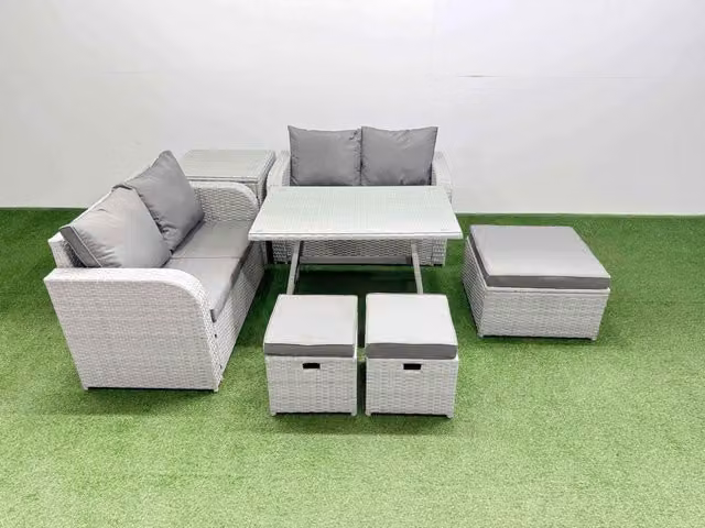 Fimous 7 Seater Rattan Garden Furniture Set in Light Grey