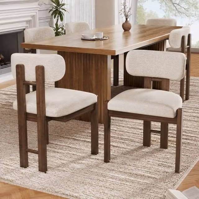 Rolipo Set of 6 Solid Wood Dining Chairs in Walnut Finish with Beige Boucle Upholstery in Brown – 1