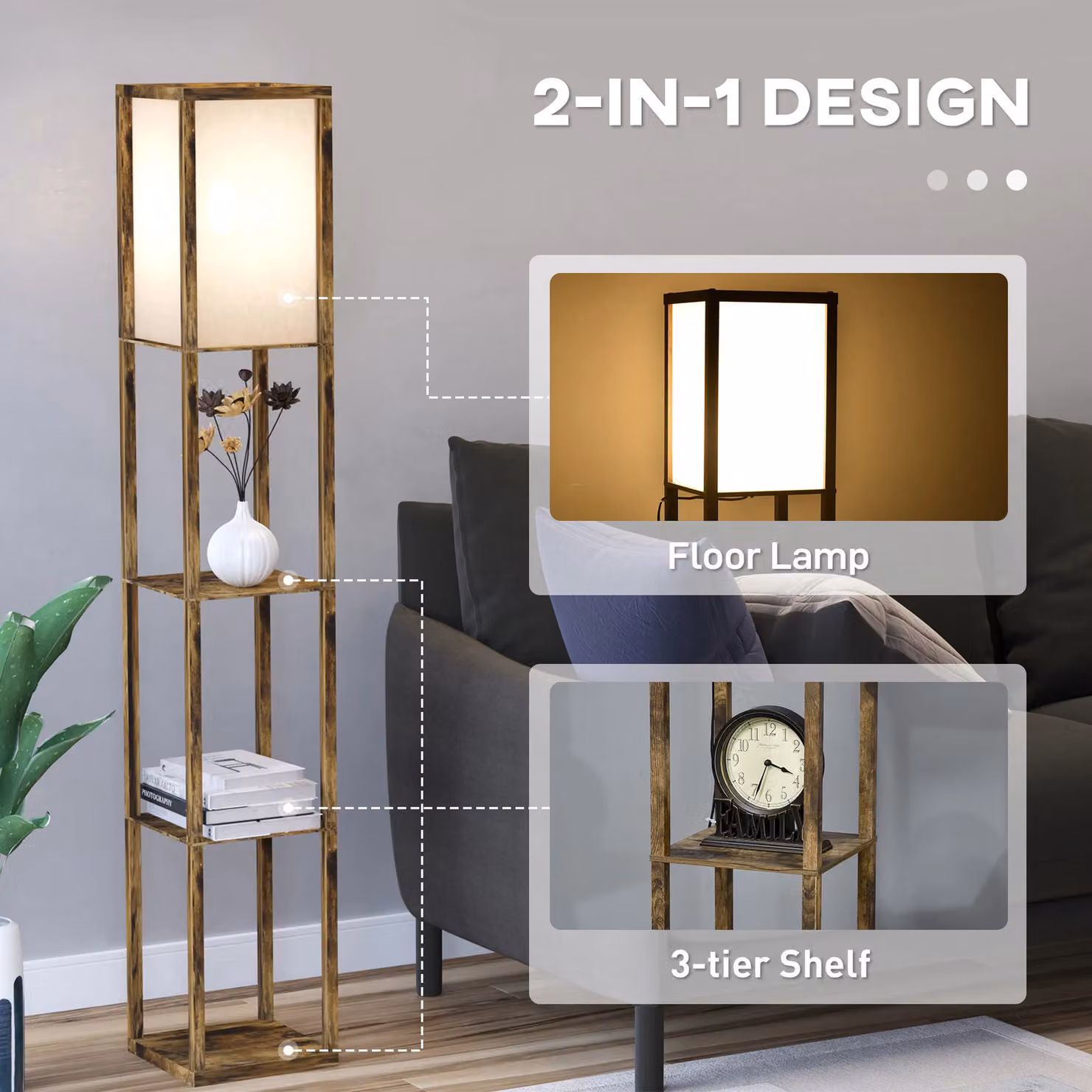 HOMCOM Modern 3-Tier Floor Lamp with Storage Shelves in Brown and White – 3