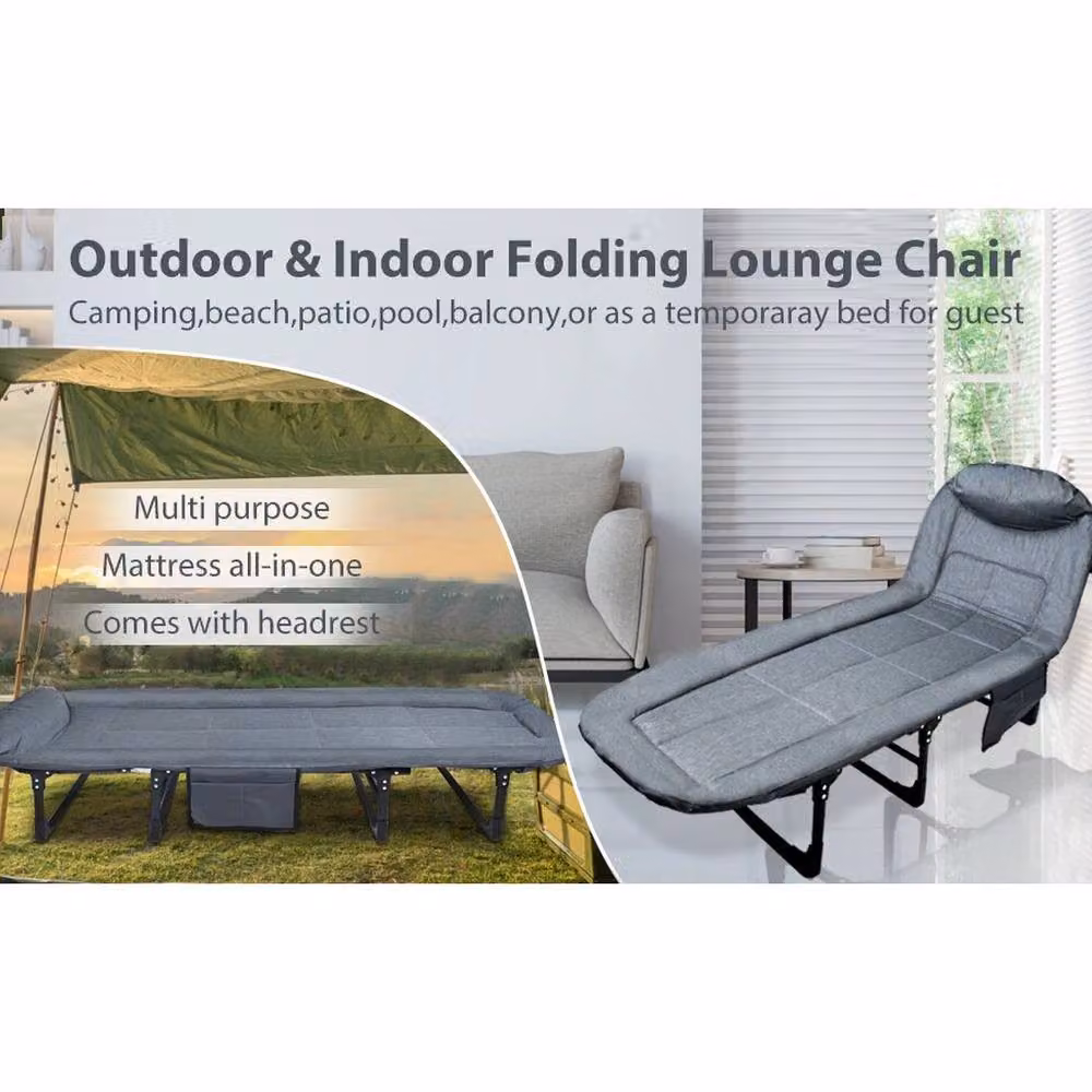 FLAVORA Grey Folding Sun Lounger Recliner Single Camping Bed with Side Compartment, W/D/H: 170 x 55 x 30 cm – 3