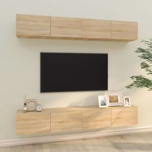 vidaXL Set of 4 Modern Wall-Mounted TV Cabinets in Brown Oak Finish with Media Compartments – 2